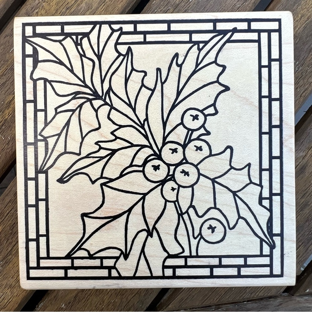 Magenta Punch Holiday Poinsettia Holly Wood Mounted Rubber Stamp Christmas